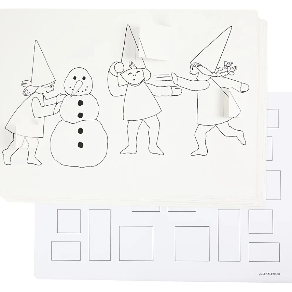 Adventskalender med nissar som har snöbollskrig, A3, stl. 30x42 cm, vit, 30 st./ 1 förp.