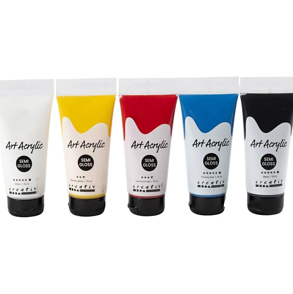 Akrylfärg, grundfärger, halvblank, mixade färger, 5x75 ml/ 1 förp.