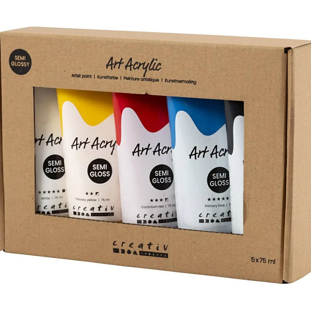 Akrylfärg, grundfärger, halvblank, mixade färger, 5x75 ml/ 1 förp.