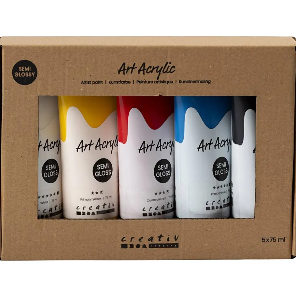 Akrylfärg, grundfärger, halvblank, mixade färger, 5x75 ml/ 1 förp.