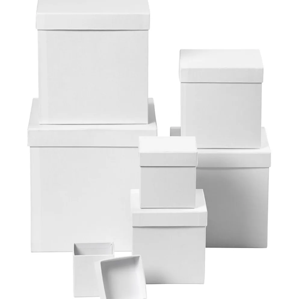 Askar, fyrkantiga, stl. 7,5x7,5x7,5 + 10x10x10 + 13x13x13 + 15x15x15 + 18x18x18 + 20x20x20 + 23x23x23 cm, vit, 7 st./ 1 set