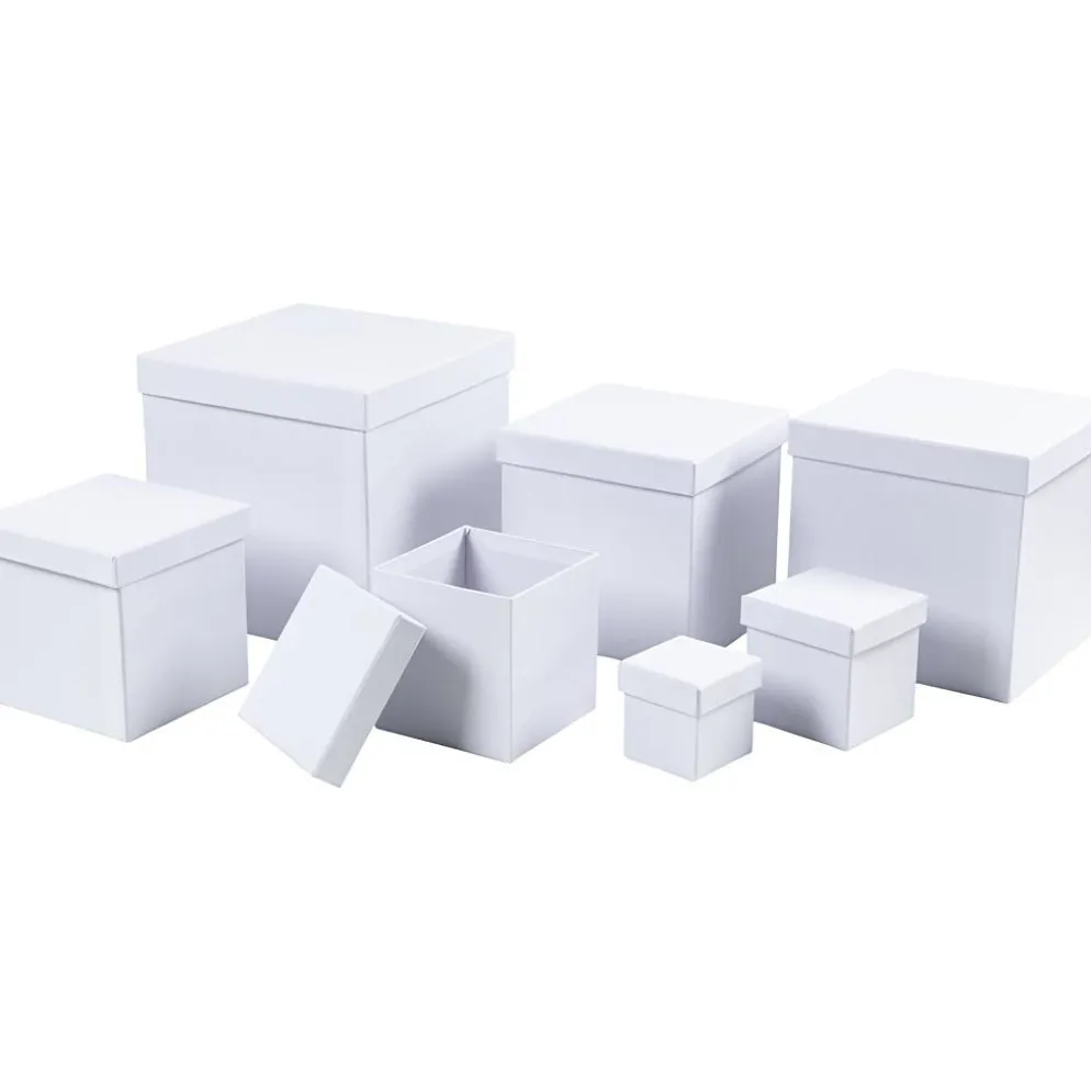 Askar, fyrkantiga, stl. 7,5x7,5x7,5 + 10x10x10 + 13x13x13 + 15x15x15 + 18x18x18 + 20x20x20 + 23x23x23 cm, vit, 7 st./ 1 set