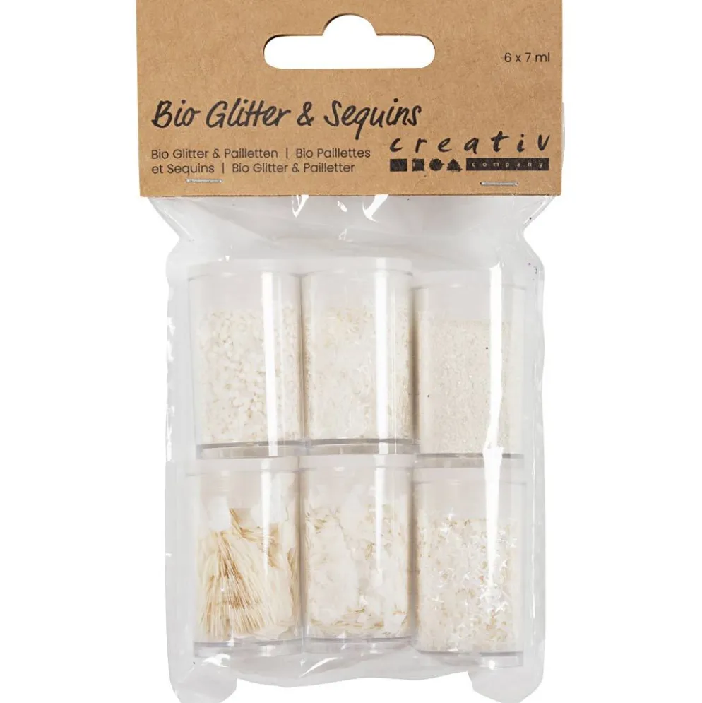 Biologiskt nedbrytbart glimmer och biologiskt nedbrytbara paljetter, silver, vit, 6x7 ml/ 1 förp.