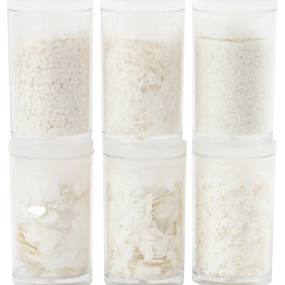 Biologiskt nedbrytbart glimmer och biologiskt nedbrytbara paljetter, silver, vit, 6x7 ml/ 1 förp.