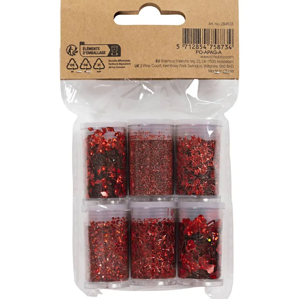 Biologiskt nedbrytbart glimmer och biologiskt nedbrytbara paljetter, röd, 6x7 ml/ 1 förp.