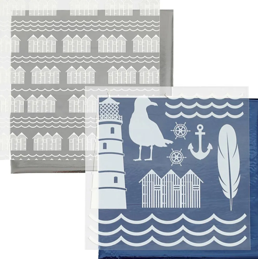 Dekorationsfolie och limark med motiv, fyrtorn, ark 15x15 cm, blå, silver, 2x2 ark/ 1 förp.