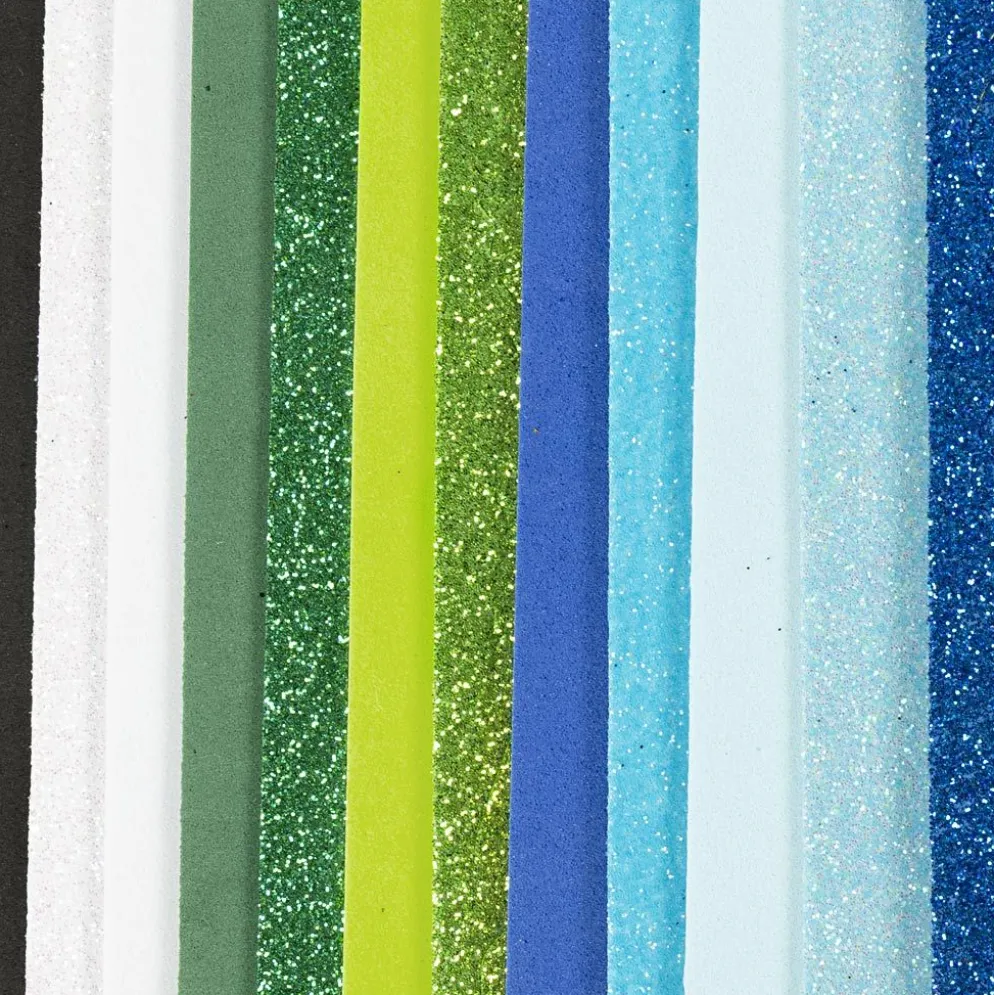 Dekorgummi, stl. 14x25 cm, tjocklek 2 mm, blå/grön harmoni, 12 ark/ 1 förp.