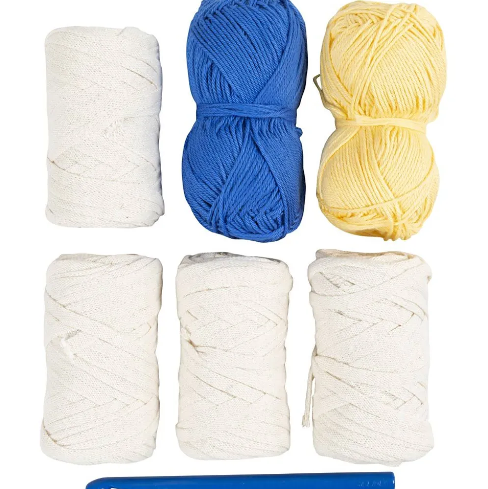 DIY Kit Virkning, Grov fiskarhatt, blå, ljusnatur, gul, 1 förp.