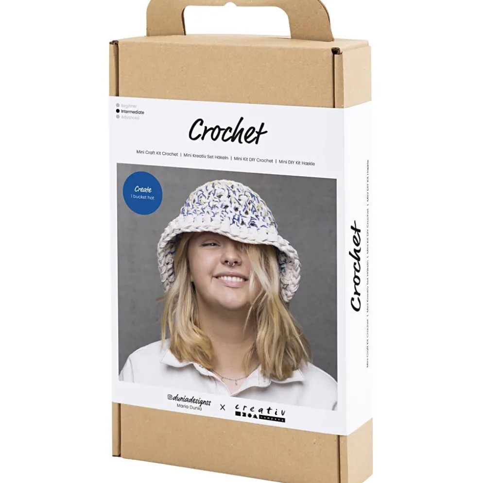 DIY Kit Virkning, Grov fiskarhatt, blå, ljusnatur, gul, 1 förp.
