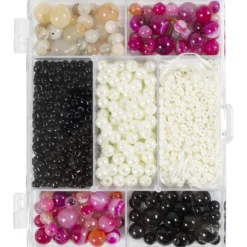 DIY Mix Smycken, Agat, stl. 2,6-10 mm, Hålstl. 0,8-1,8 mm, ca. 2740 st., beige, svart, rosa, vit, pärlemor, 1 förp.