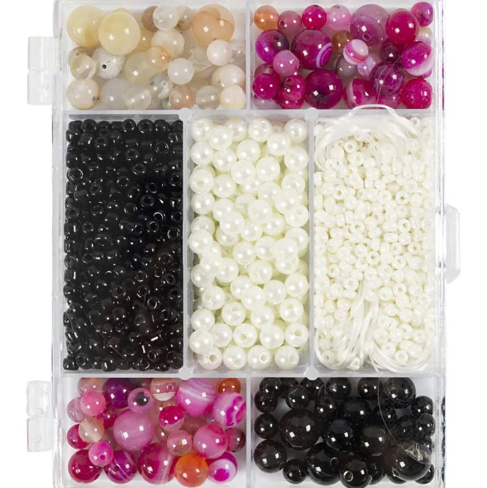 DIY Mix Smycken, Agat, stl. 2,6-10 mm, Hålstl. 0,8-1,8 mm, ca. 2740 st., beige, svart, rosa, vit, pärlemor, 1 förp.