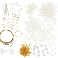 DIY Mix Smycken, Halsband, armband, örhängen, förgylld, vit, pärlemor, 1 förp.