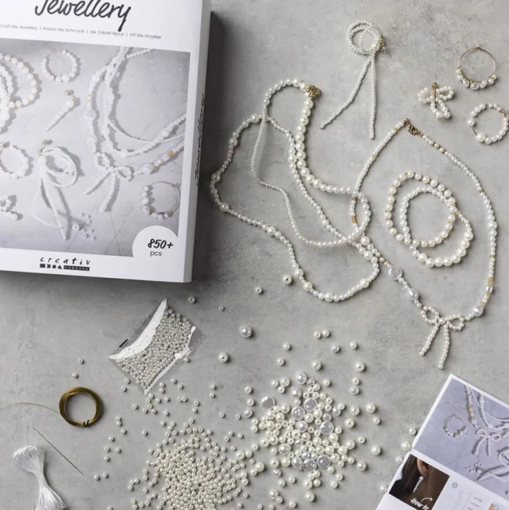 DIY Mix Smycken, Halsband, armband, örhängen, förgylld, vit, pärlemor, 1 förp.