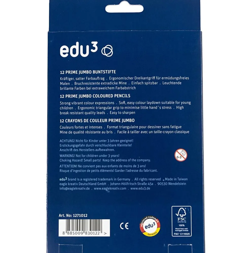 edu Kraftiga Färgblyertspennor, tjocklek 10 mm, kärna 6,25 mm, mixade färger, 12 st./ 1 förp.
