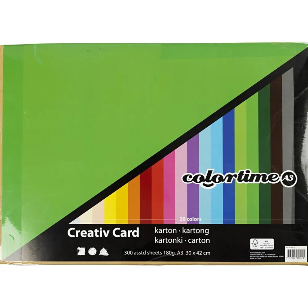 Färgad kartong, A3, ark 297x420 mm, 180 g, mixade färger, 300 mix. ark/ 1 förp.