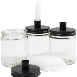 Glas med ljushållare och ljus, H: 15 cm, Dia. 9.5 cm, stl. 15 cm, 6 set/ 1 förp.