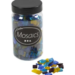 Glasmosaik, stl. 10x10 mm, tjocklek 3 mm, blå, ljusblå, lila, gul, 454 g/ 1 förp.