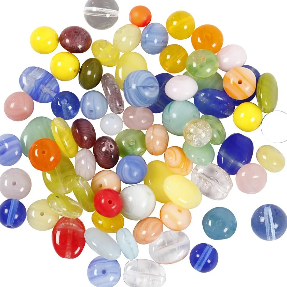 Glaspärlor, rund, oval, rund/platt, Dia. 6-13 mm, Hålstl. 0,5-1,5 mm, mixade färger, 350 g/ 1 förp.