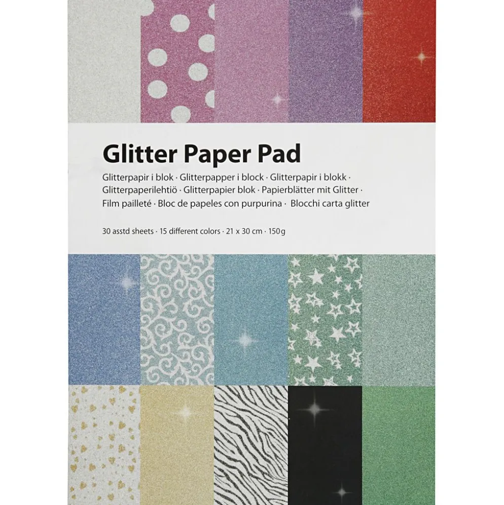 Glitterpapper i block, A4, ark 210x297 mm, 150 g, 30 ark/ 1 st.
