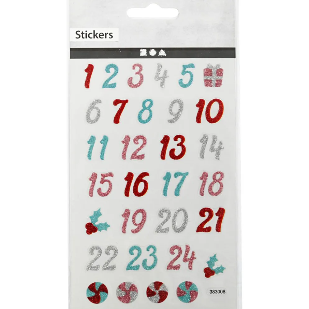 Glitterstickers, kalendersiffror, ark 10x16 cm, 1 ark