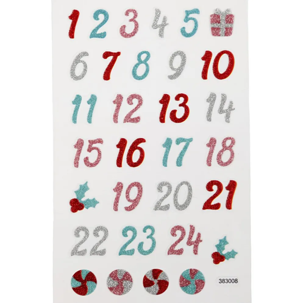 Glitterstickers, kalendersiffror, ark 10x16 cm, 1 ark