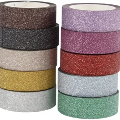 Glittertejp/washitejp, B: 15 mm, mixade färger, 10x6 m/ 1 förp.