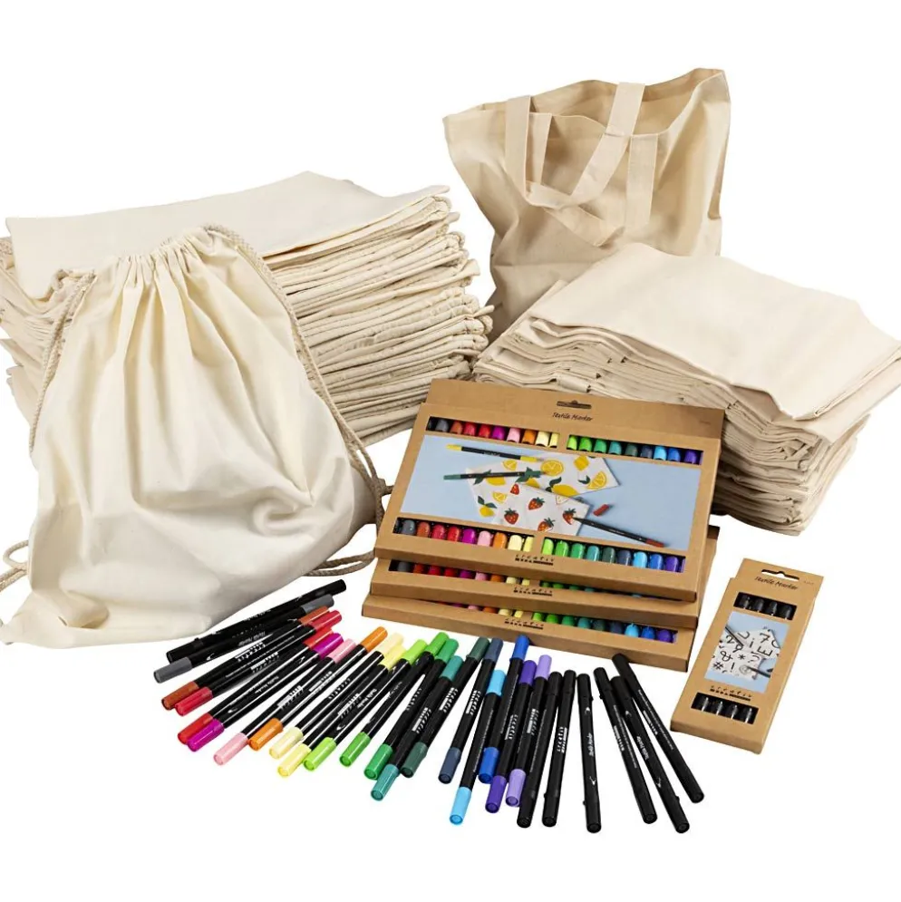 Grupp DIY Kit sko- och tygkassar med tuschpennor, stl. 27,5x30 cm, mixade färger, 1 set