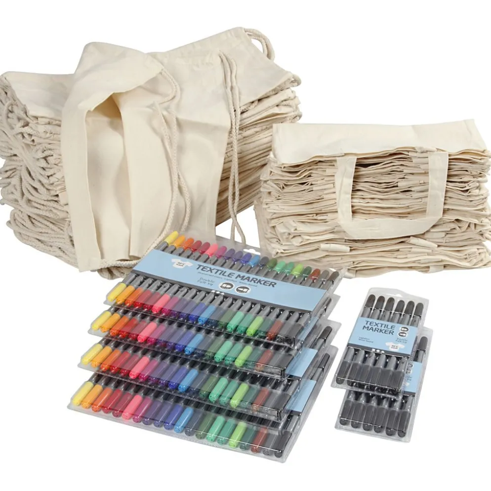 Grupp DIY Kit sko- och tygkassar med tuschpennor, stl. 27,5x30 cm, mixade färger, 1 set