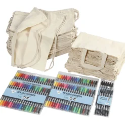 Grupp DIY Kit sko- och tygkassar med tuschpennor, stl. 27,5x30 cm, mixade färger, 1 set