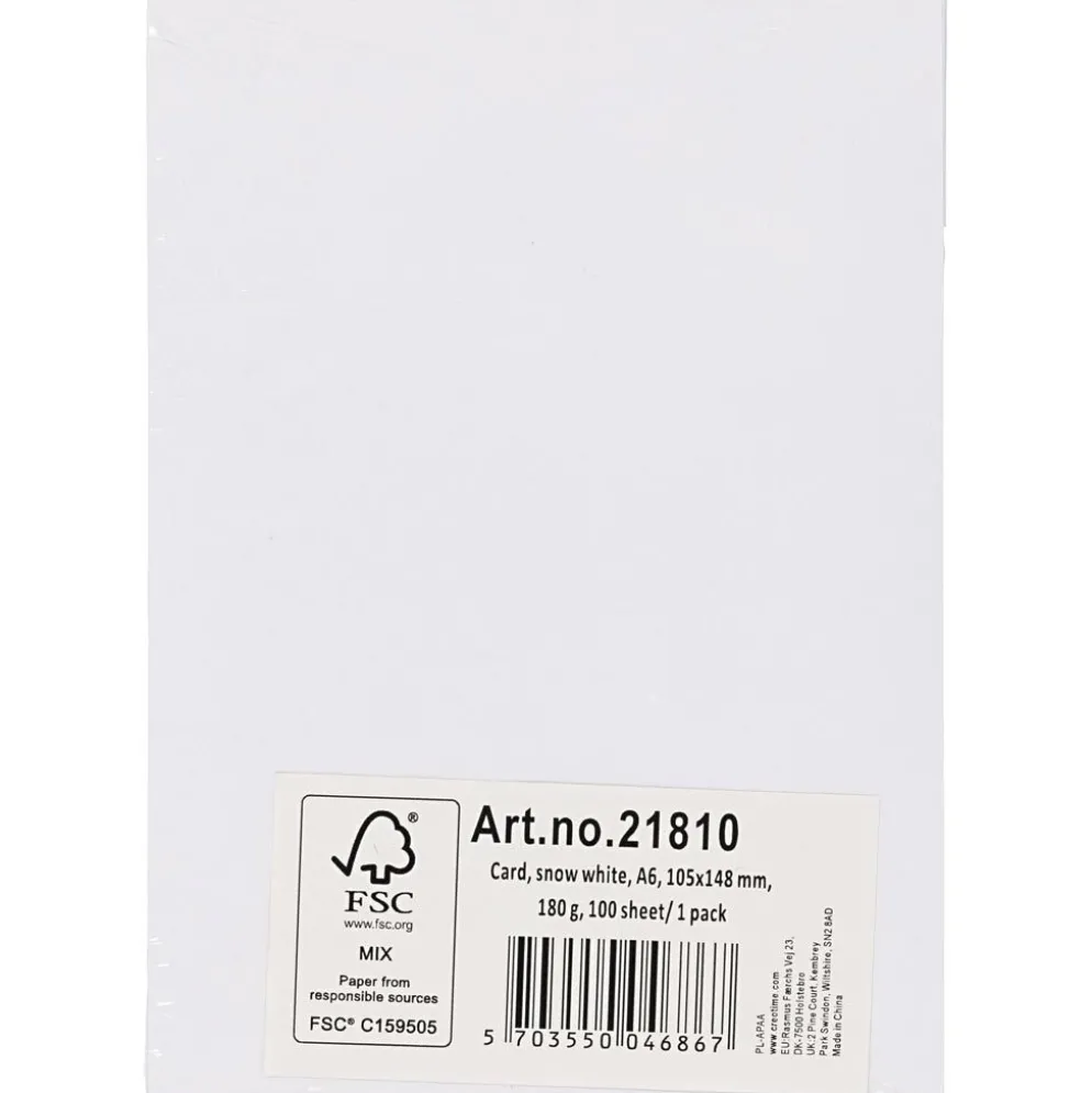 Kartongpapper, A6, ark 105x148 mm, 180 g, vit, 100 ark/ 1 förp.