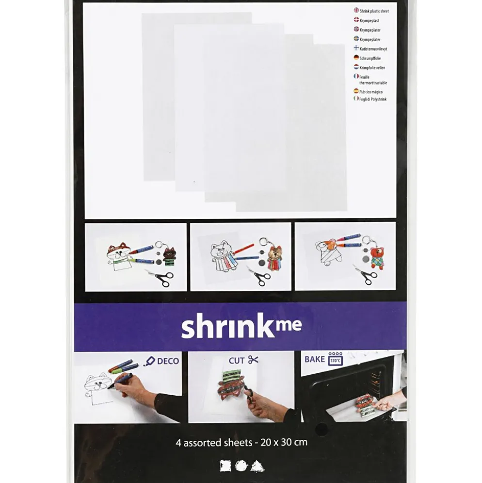 Krympplastark, ark 20x30 cm, tjocklek 0,3 mm, blank transparent, matt transparenta, mattvit, 4 ark/ 1 förp.