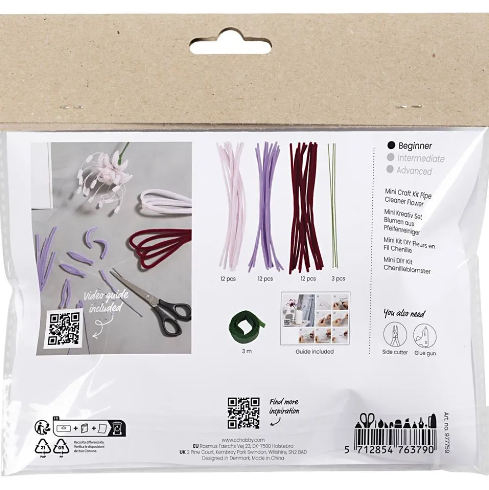 Mini DIY Kit Blommor av Piprensare, Spindellilja, softrosa, ljuslila, mörkröd, 1 förp.