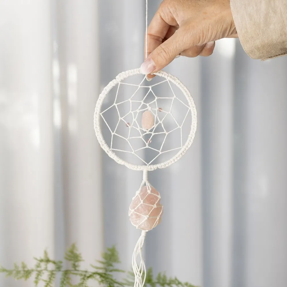 Mini DIY Kit Makramé, Drömfångare med rosenkvartskristall, ljusrosa, vit, 1 förp.