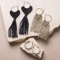Mini DIY Kit Makramé, Örhängen, svart, olivbrun, sand, 1 förp.