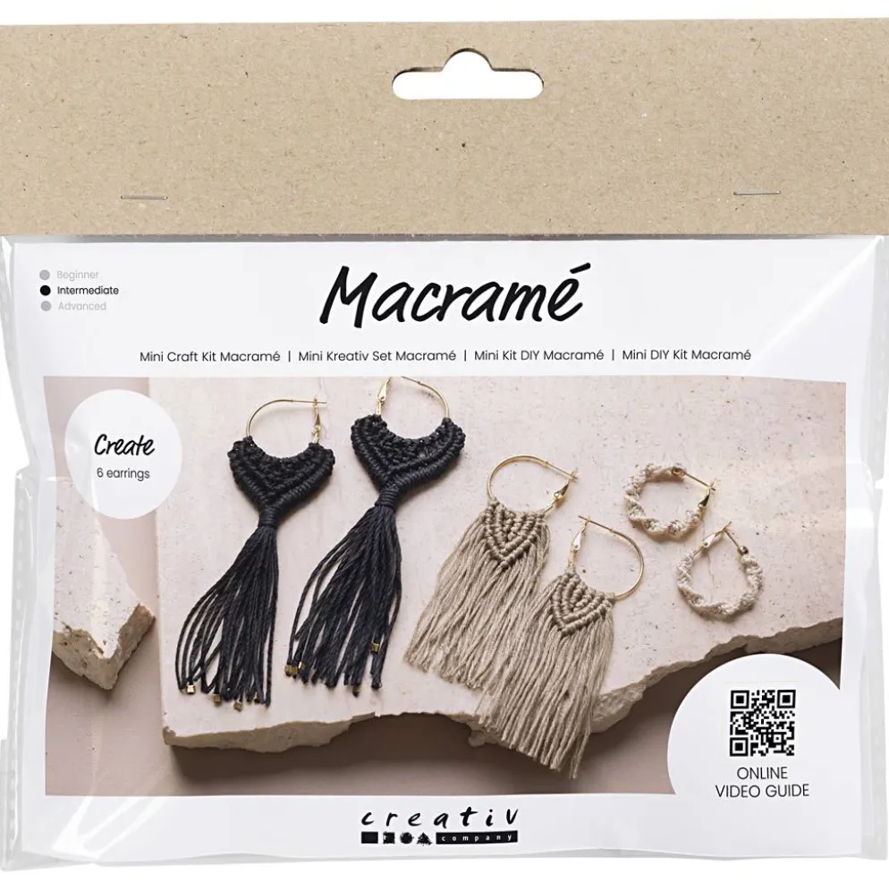 Mini DIY Kit Makramé, Örhängen, svart, olivbrun, sand, 1 förp.