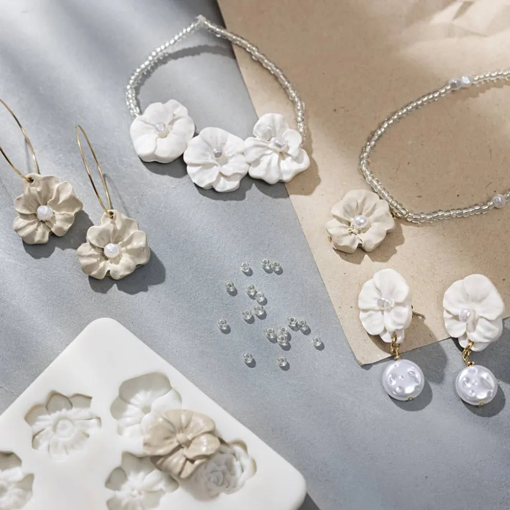 Mini DIY Kit Smycken, Örhängen, armband och halsband i blommotiv, beige, ivory, beige, 1 förp.