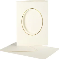 Passepartoutkort med kuvert, oval med guldkant, kortstl. 10,5x15 cm, kuvertstl. 11,5x16,5 cm, råvit, 10 set/ 1 förp.