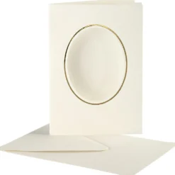 Passepartoutkort med kuvert, oval med guldkant, kortstl. 10,5x15 cm, kuvertstl. 11,5x16,5 cm, råvit, 10 set/ 1 förp.
