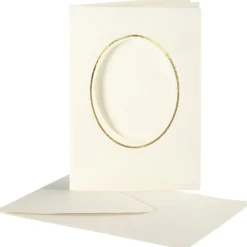 Passepartoutkort med kuvert, oval med guldkant, kortstl. 10,5x15 cm, kuvertstl. 11,5x16,5 cm, råvit, 10 set/ 1 förp.