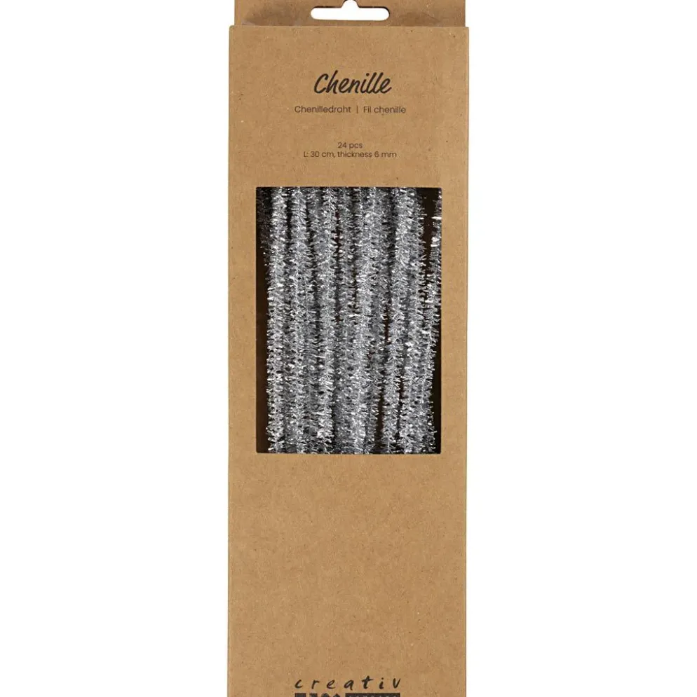 Piprensare, L: 30 cm, tjocklek 6 mm, glitter, silver, 24 st./ 1 förp.