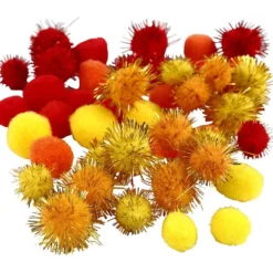 Pompoms, Dia. 15+20 mm, orange, röd, gul, 48 st./ 1 förp.