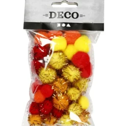 Pompoms, Dia. 15+20 mm, orange, röd, gul, 48 st./ 1 förp.