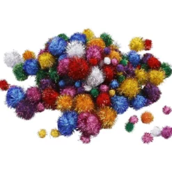 Pompoms,pompong, Dia. 15-40 mm, glitter, ca. 400 st., starka färger, 300 g/ 1 förp.