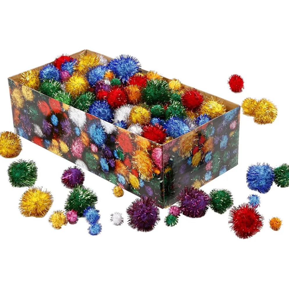 Pompoms,pompong, Dia. 15-40 mm, glitter, ca. 400 st., starka färger, 300 g/ 1 förp.