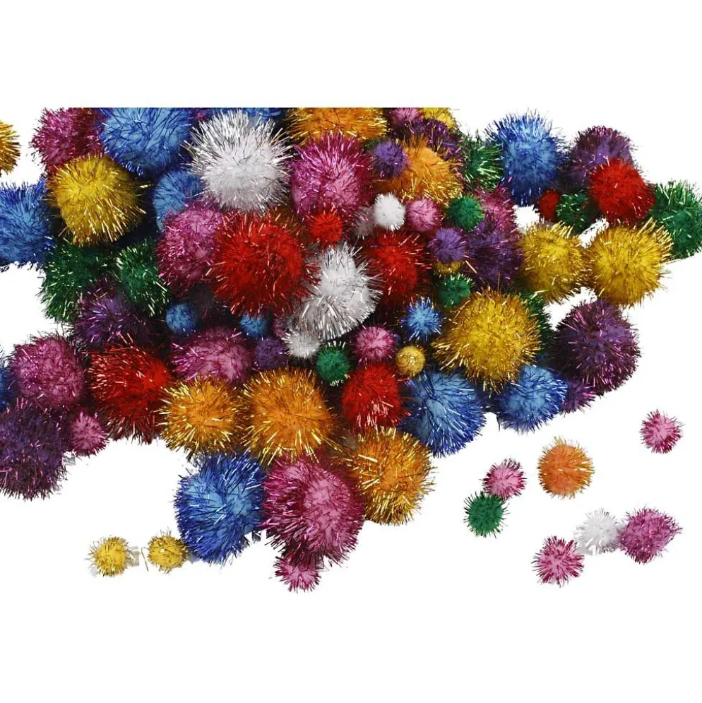 Pompoms,pompong, Dia. 15-40 mm, glitter, ca. 400 st., starka färger, 300 g/ 1 förp.