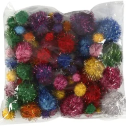 Pompoms,pompong, Dia. 15-40 mm, glitter, ca. 90 st., starka färger, 62 g/ 1 förp.