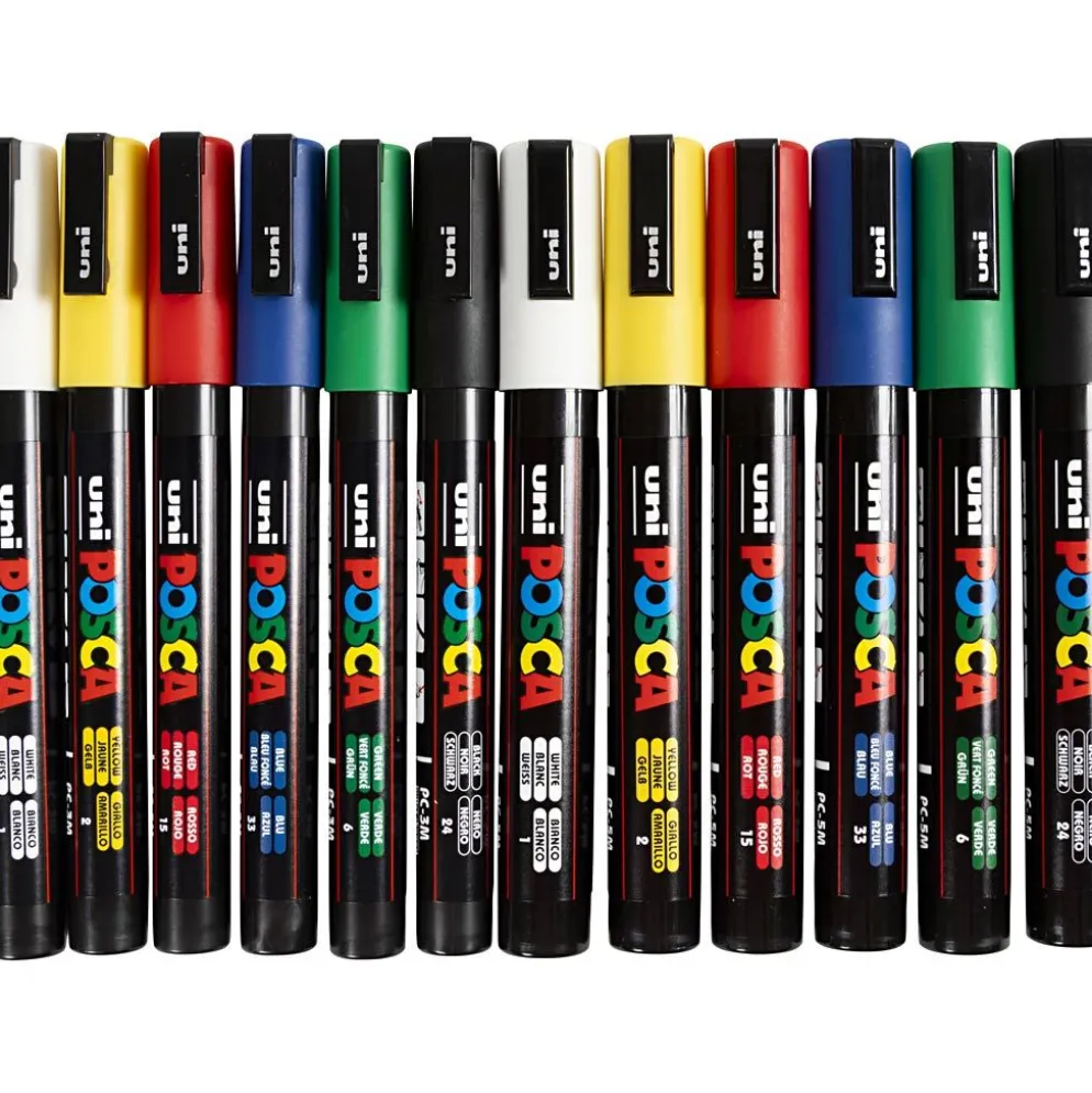 Posca Marker , nr. PC-3M + PC-5M, spets 0,9-1,3+2,5 mm, fine,medium, mixade färger, 12 st./ 1 förp.