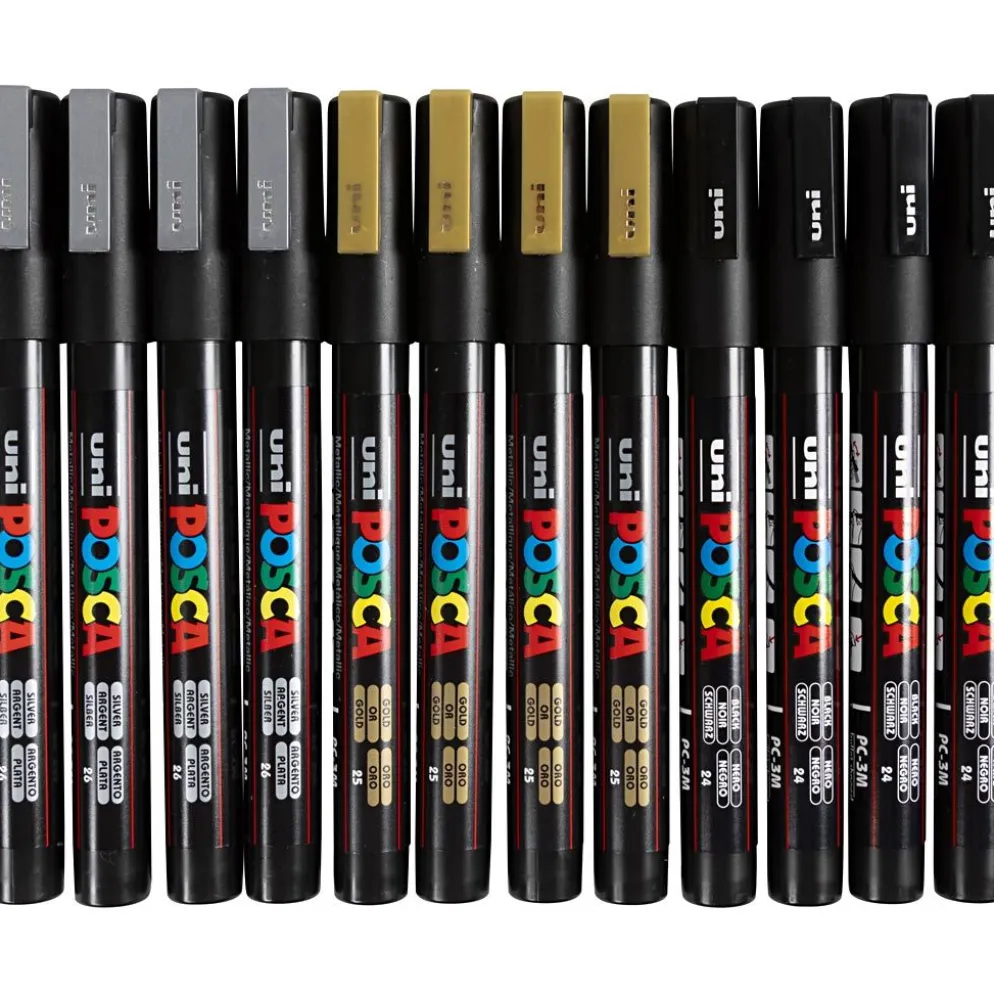 Posca Marker , nr. PC-3M, spets 0,9-1,3 mm, Fine, svart, guld, silver, 12 mix./ 1 förp.