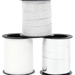 Presentsnören, B: 10 mm, silver, silverglitter, vit, 3x15 m/ 1 förp.