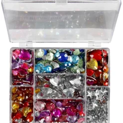 Rhinestones i ask, runda, stjärnor, hjärtan, Dia. 6+7+9+10+11+12+14+16 mm, blå, rosa, silver, 300 st./ 1 förp.